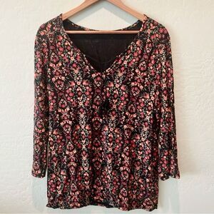 Lascana Floral Boho Peasant Top Black Red Orange Tie Neck Elastic Hem Size L